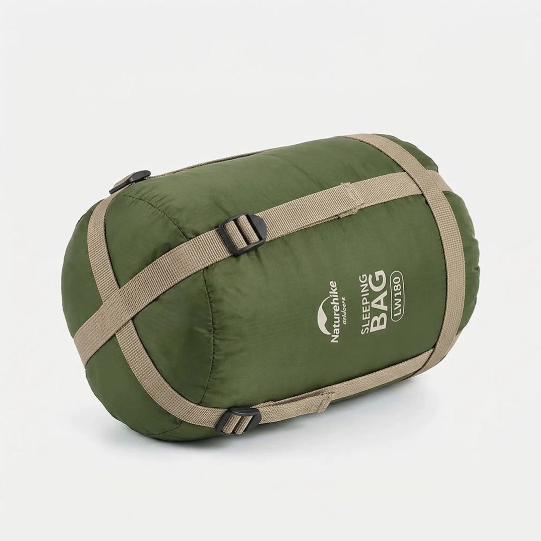 Close-up of water-repellent fabric & stitching on an ultralight compact summer sleeping bag for camping.