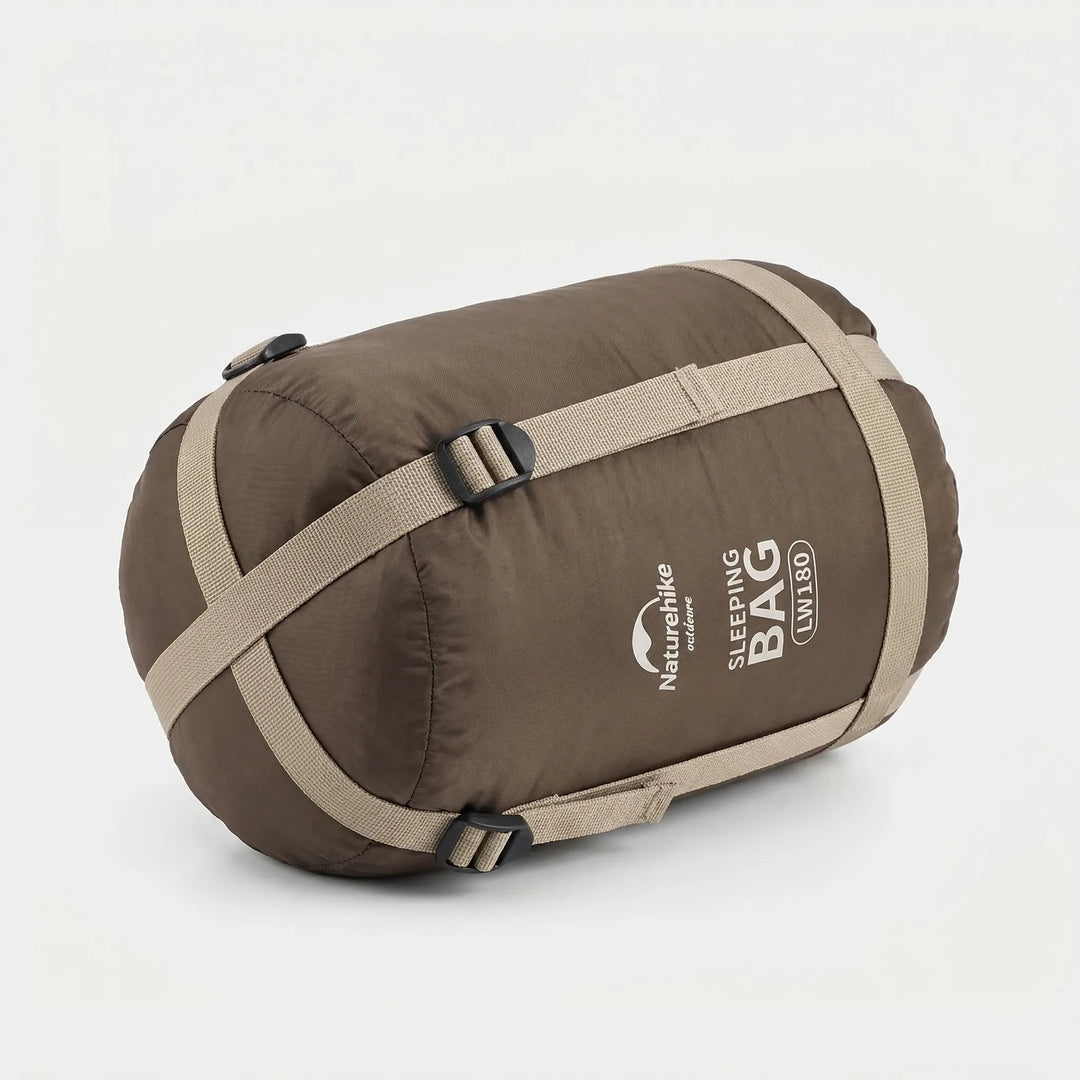 Detail of the smooth zipper on a durable, water-repellent ultralight compact summer sleeping bag for camping.