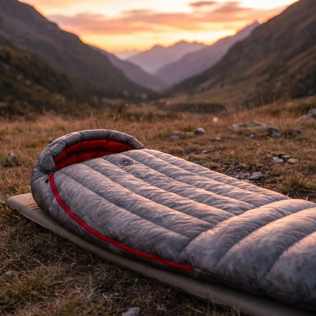 Compact, ultralight down mummy sleeping bag for backpackers; easily packable for hiking & camping adventures.