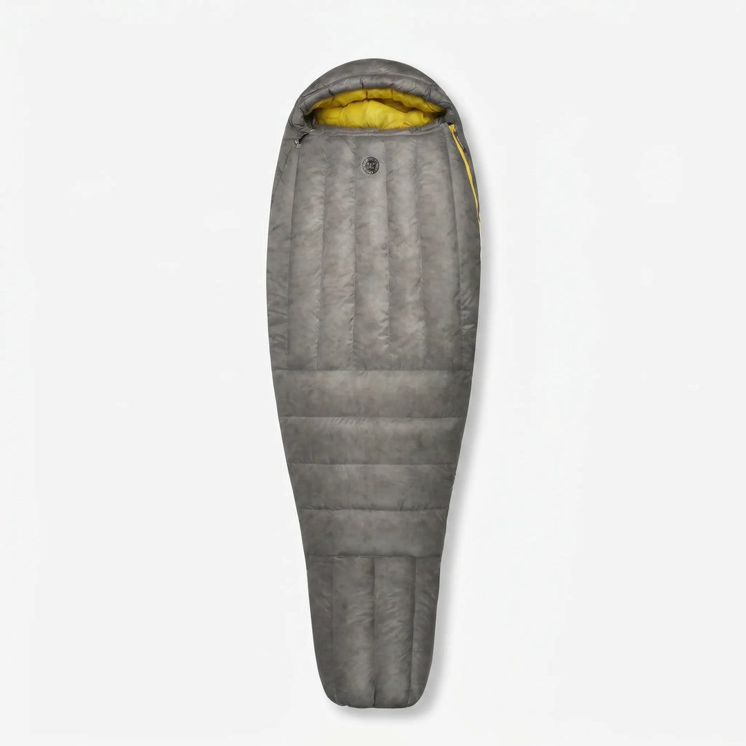 Detail of the hood and zipper on an ultralight down mummy sleeping bag, ideal for backpacking & hiking.