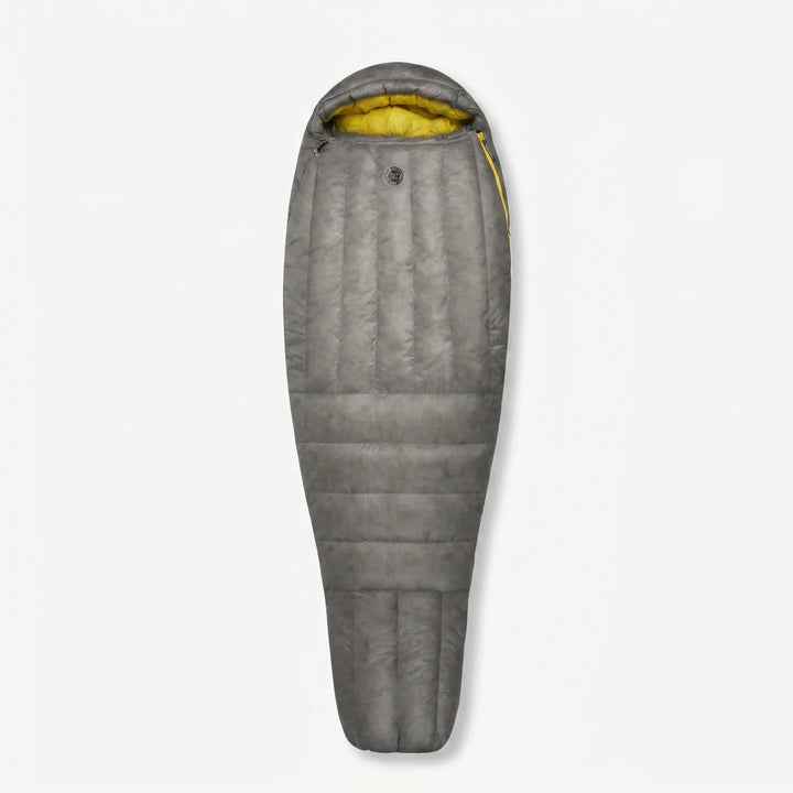 Detail of the hood and zipper on an ultralight down mummy sleeping bag, ideal for backpacking & hiking.