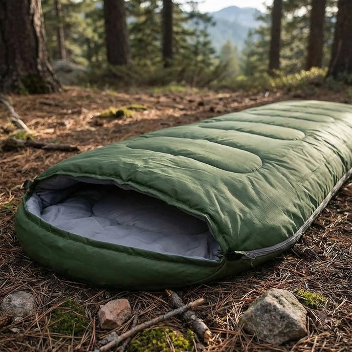 Unisex ultralight envelope sleeping bag for camping, hiking, & travel. Compressible & water repellent.