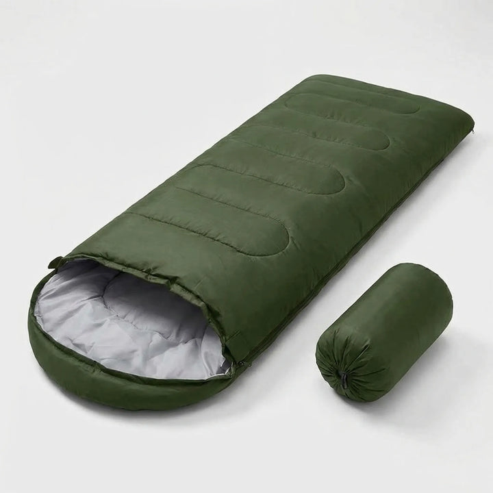 Ultralight 4-season envelope sleeping bag for camping, hiking, and outdoor adventures. Essential travel gear.