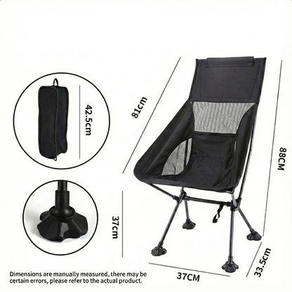 Empty ultralight folding camping chair overlooking a beautiful hiking trail, inviting adventure
