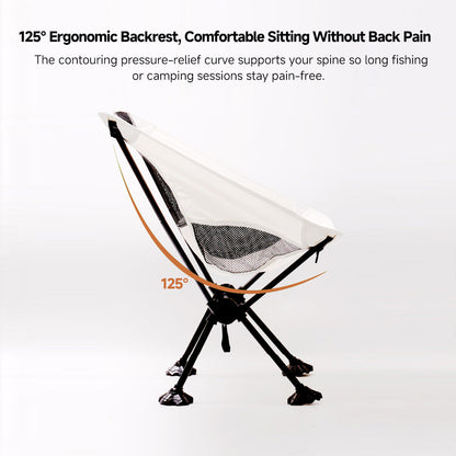 Compact ultralight camping chair in its carry bag, ideal for travel and camp gear