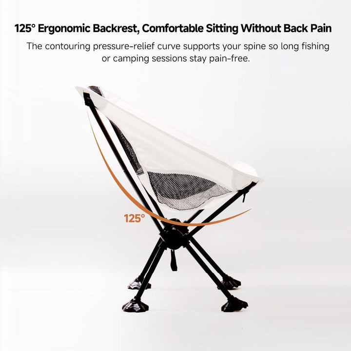Compact ultralight camping chair in its carry bag, ideal for travel and camp gear