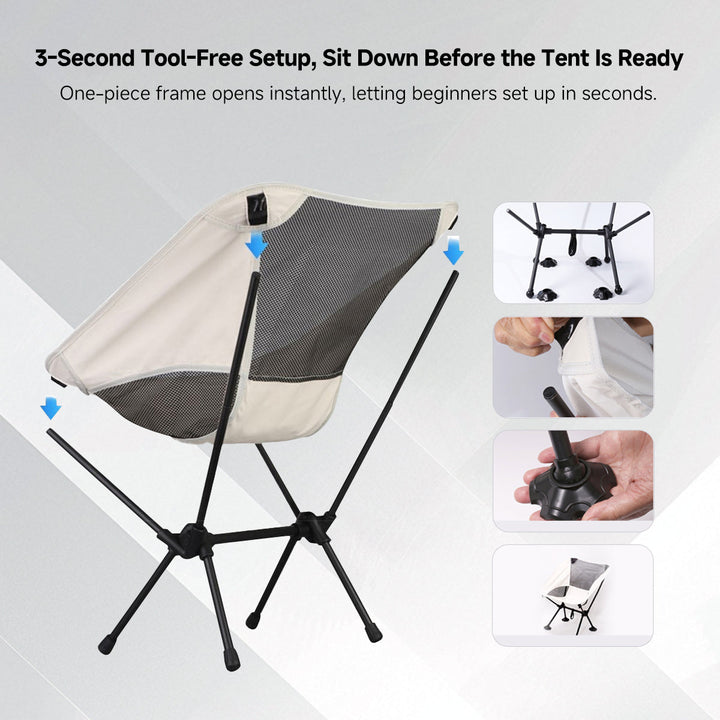 Ultralight camping chair next to a backpack, highlighting its portability for camp gear