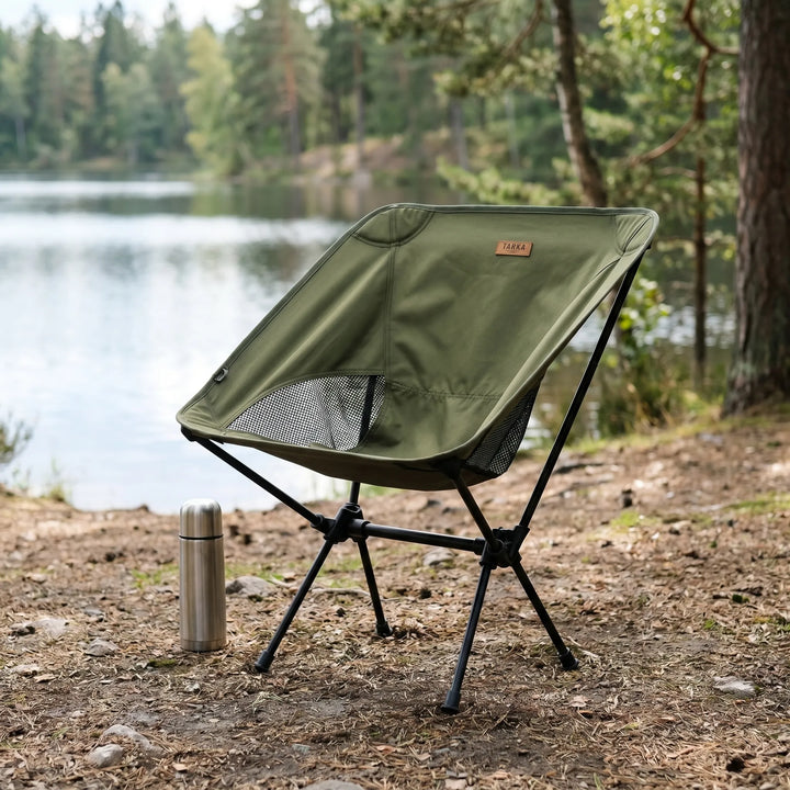 Unisex ultralight folding camping chair with aluminum frame & breathable mesh seat for portable outdoor comfort.