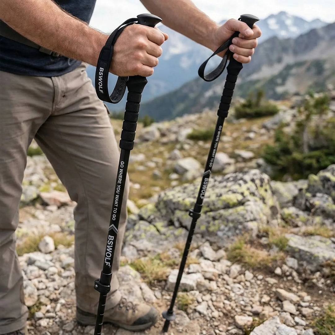 Unisex ultralight folding trekking poles for hiking & trail walking. Compact, adjustable aluminum gear.