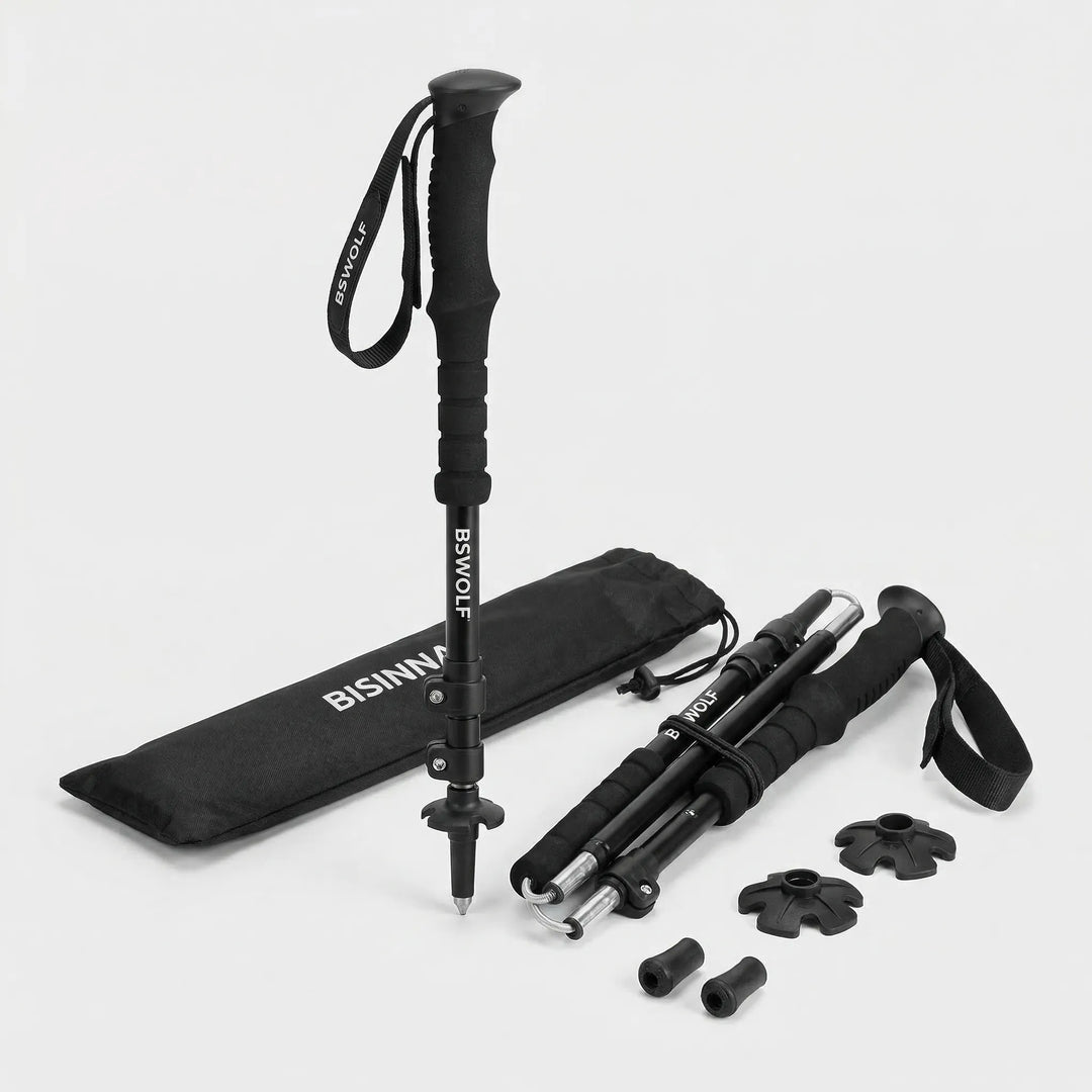 Compact folding ultralight trekking poles, ideal for hiking, backpacking, & easy storage. Durable aluminum.