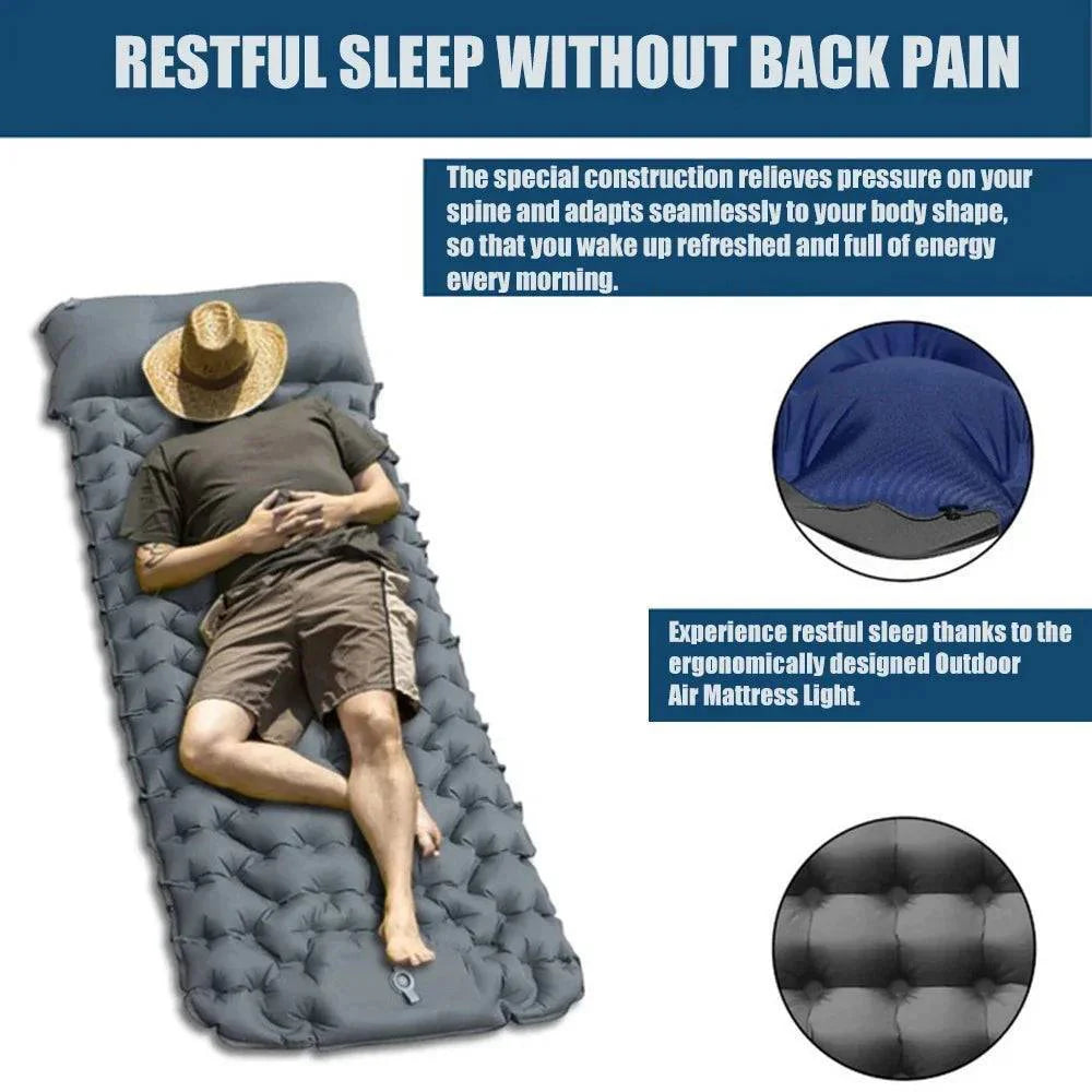Portable backpacking sleeping pad with integrated pump, grey, rolled up for easy transport