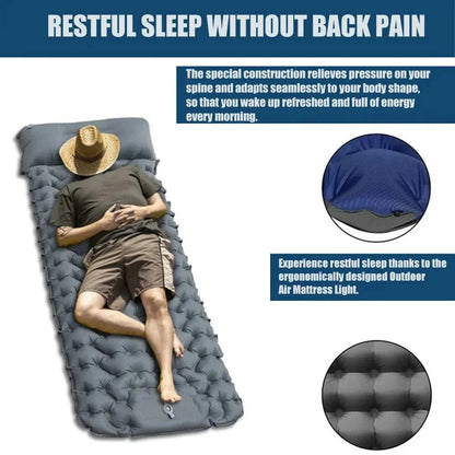 Portable backpacking sleeping pad with integrated pump, grey, rolled up for easy transport