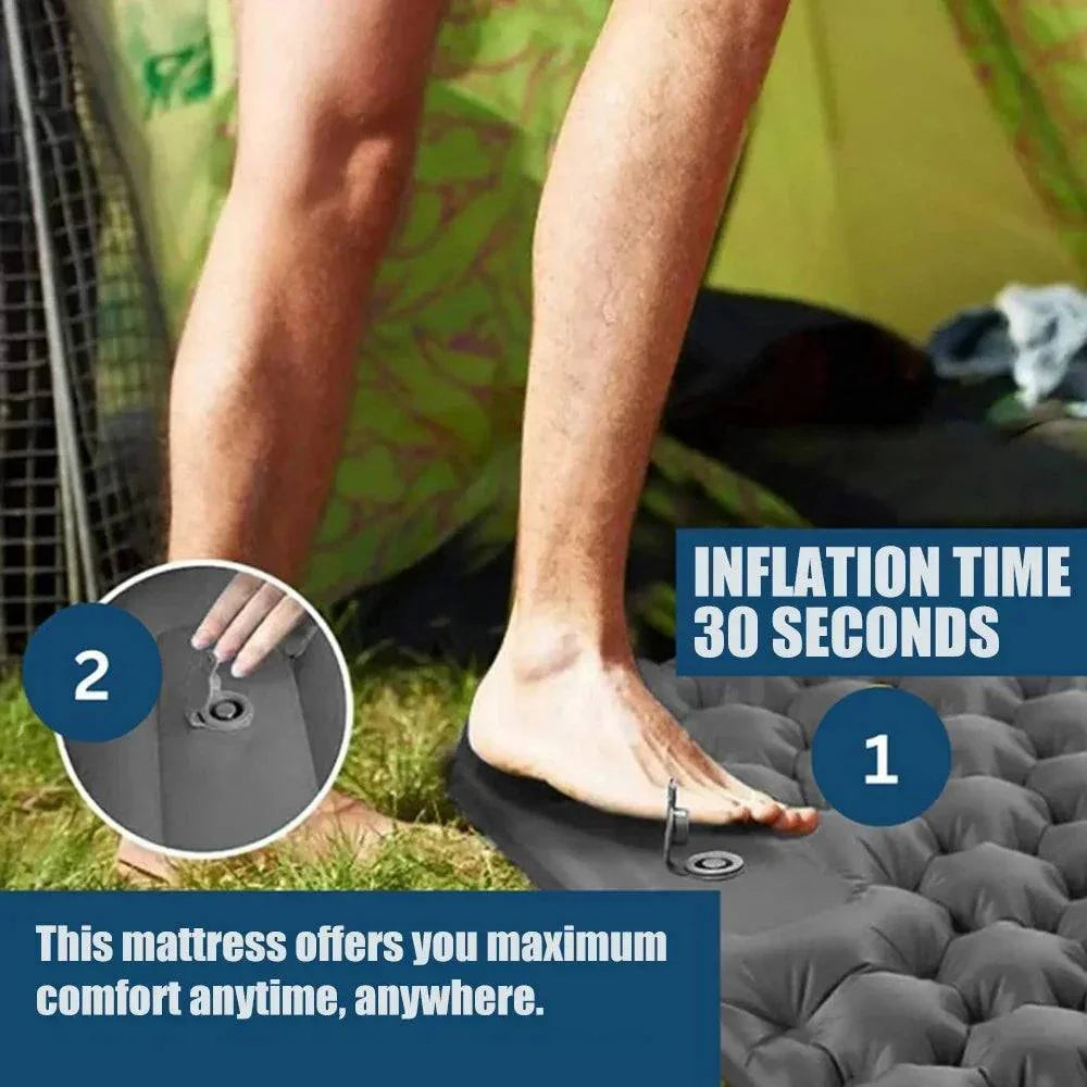 Waterproof outdoor gear: inflatable camping mattress for hiking, close-up of built-in pump valve