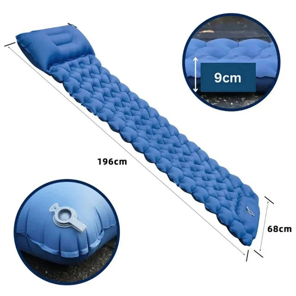 Compact and lightweight backpacking sleeping pad, orange, with hand pressing integrated pump