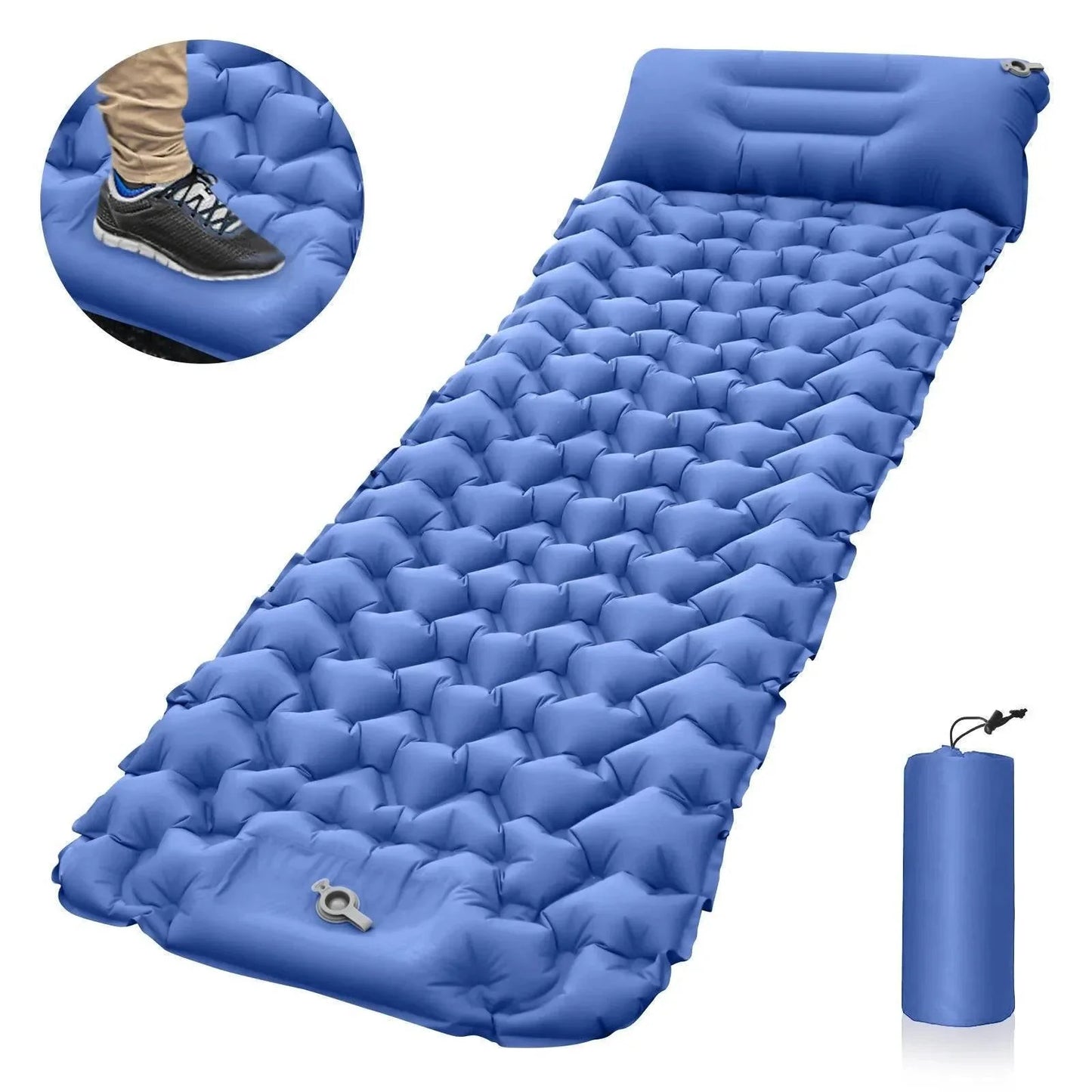 Waterproof outdoor camping mattress, blue, next to a backpack, emphasizing portability