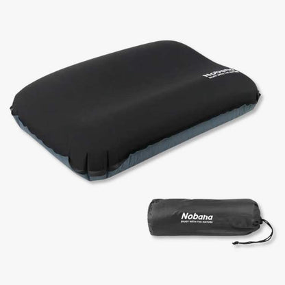 Lightweight inflatable travel pillow shown inflated, offering superior neck support.