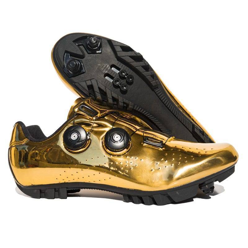 Top-down view of ultralight cycling shoes with sophisticated turnbuckle for a secure fit