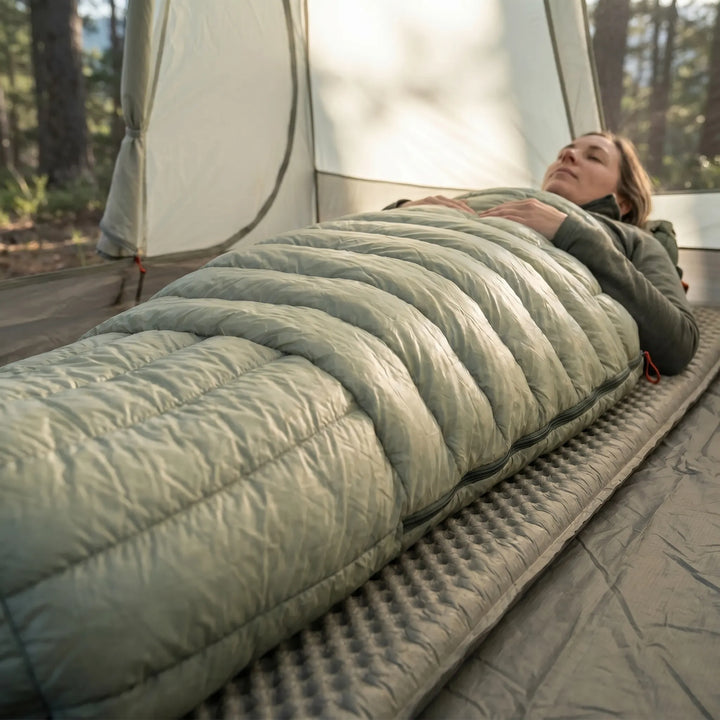 Compact ultralight down mummy sleeping bag with treated down, essential gear for backpackers & campers.