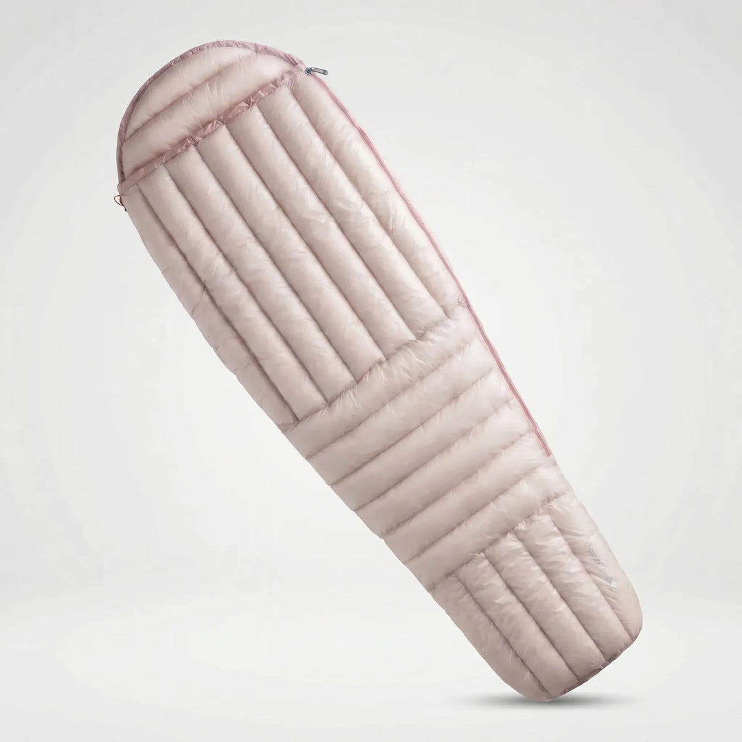Durable ultralight down mummy sleeping bag, designed for comfortable backpacking & hiking. Unisex.