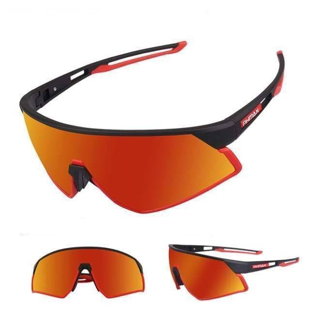 Close-up of polarized cycling sunglasses with photochromic lenses, showing UV protection for outdoor sports