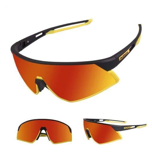 Side profile of polarized cycling eyewear, highlighting aerodynamic design and secure fit during sports