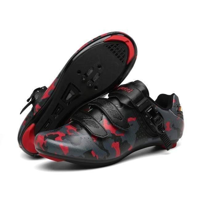 Unisex ultralight MTB cycling shoe, red, durable with three Velcro straps for comfort fit