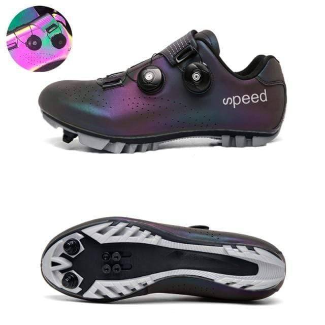 Top-down view of Ultralight SPD Bike Shoes, black and red, ideal for competitive cycling