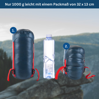 Person zipping up a unisex ultralight sleeping bag during a camping trip, warm and cozy