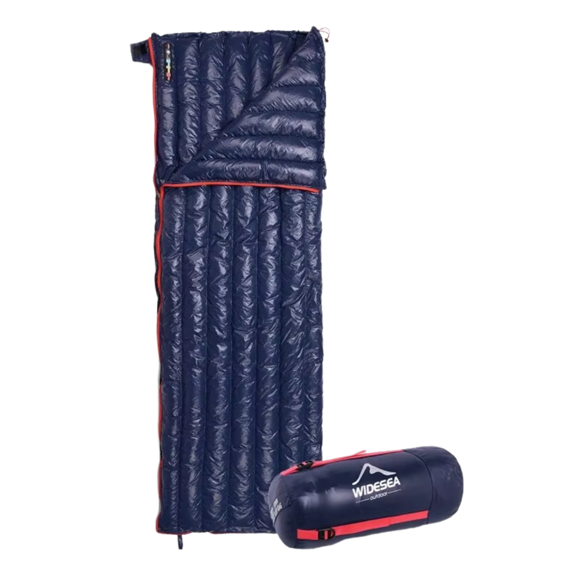 Detail of the zipper and drawstring hood on an ultralight unisex camping sleeping bag