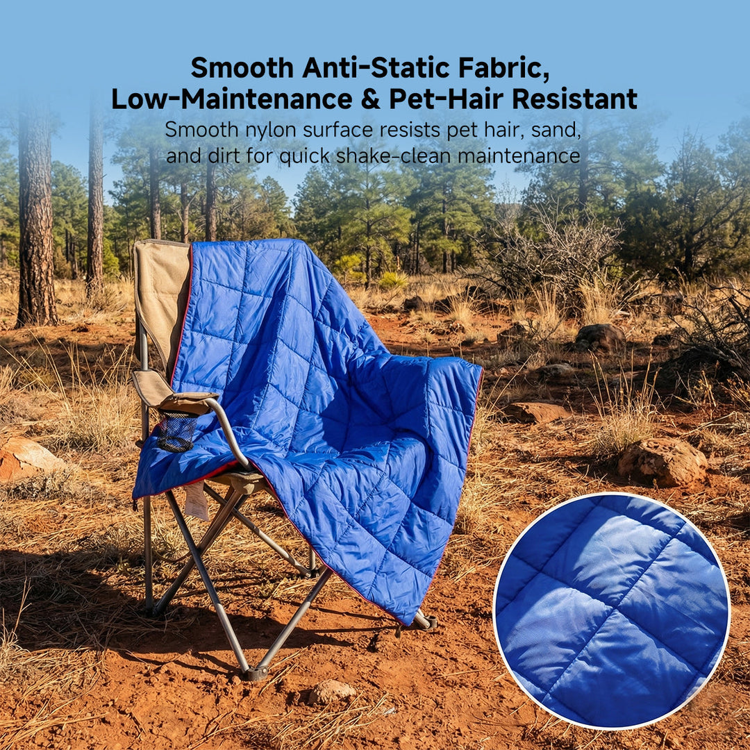 Wearable blanket in use inside a camping tent, showing comfort.