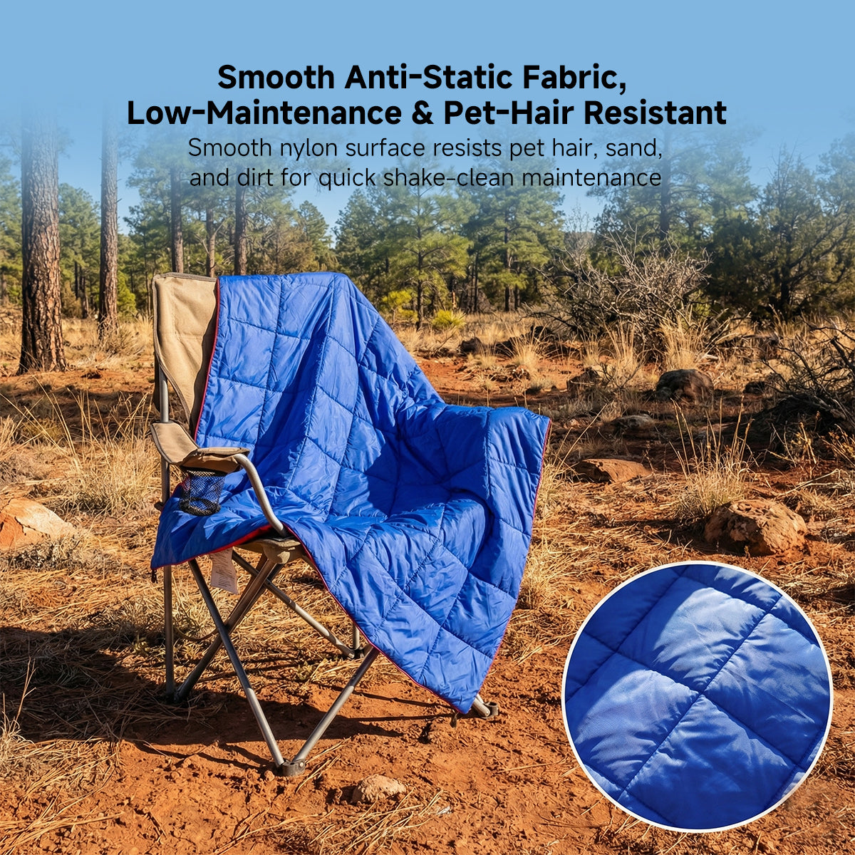 Wearable blanket in use inside a camping tent, showing comfort.