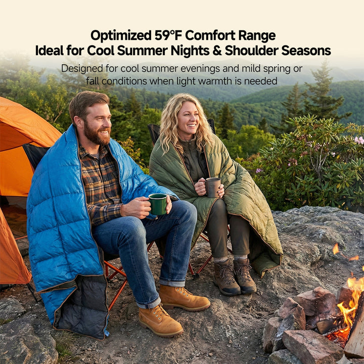 Person wearing an ultralight water-resistant camping blanket as a poncho, hiking.