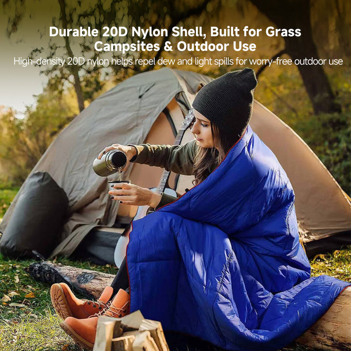 Close-up of the water-resistant fabric of the camping blanket; durable outdoor gear.