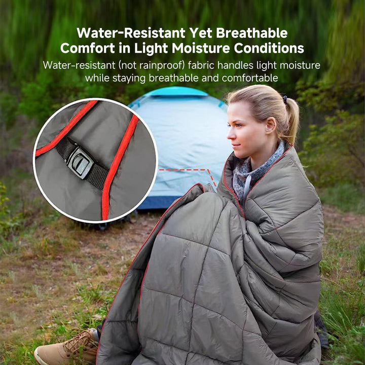 Insulated camping blanket laid out on grass, ready for a picnic or rest.