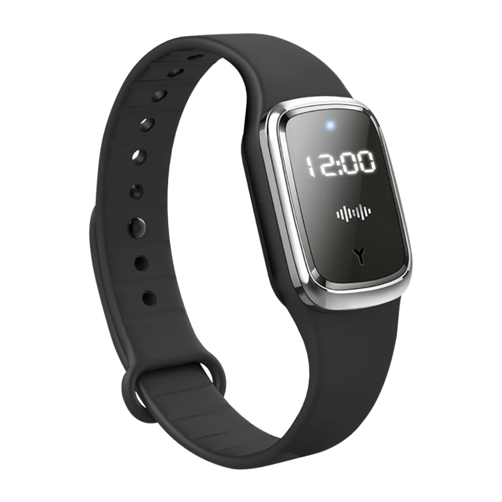 Unisex ultrasonic mosquito repellent bracelet with LED display, black band, for outdoor insect protection