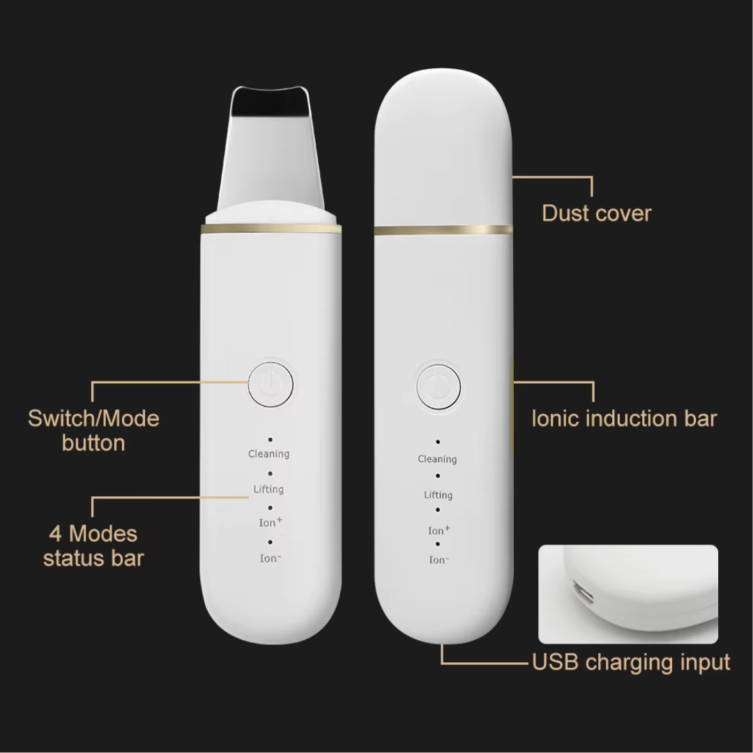 Powerful ultrasonic skin scrubber for deep cleansing, pore cleaning, and facial exfoliation.