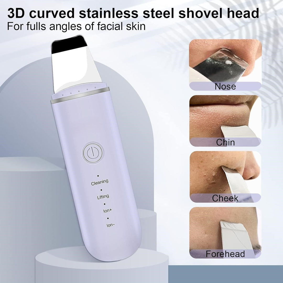 Exfoliating ultrasonic skin scrubber for deep cleansing, achieving a spa-like glow. Rechargeable device.