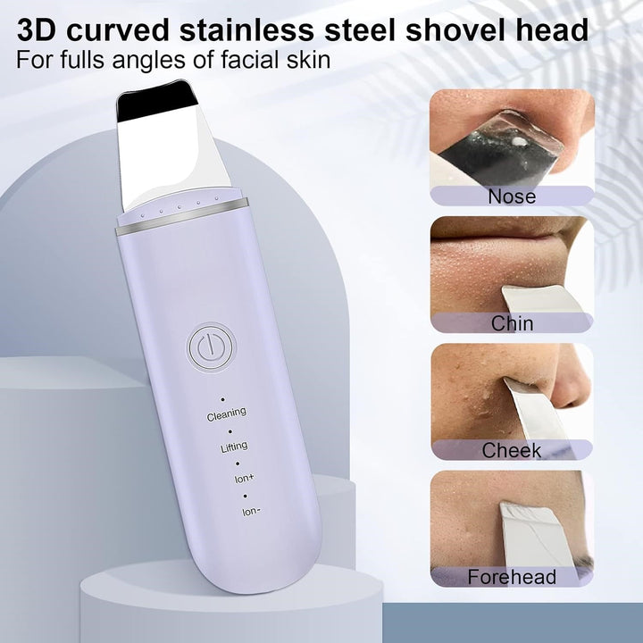 Exfoliating ultrasonic skin scrubber for deep cleansing, achieving a spa-like glow. Rechargeable device.