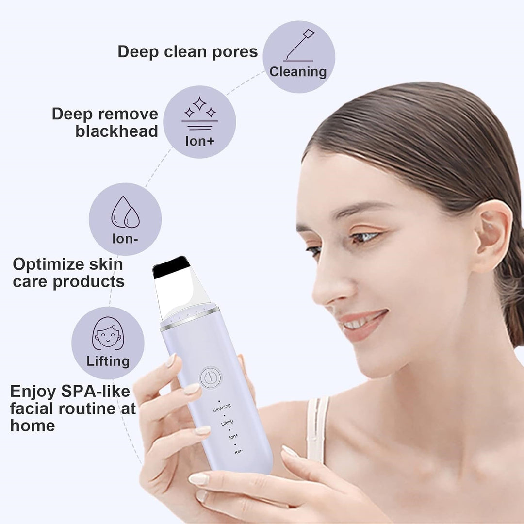 Deep cleansing ultrasonic facial scrubber for blackhead removal, pore cleaning & exfoliation.