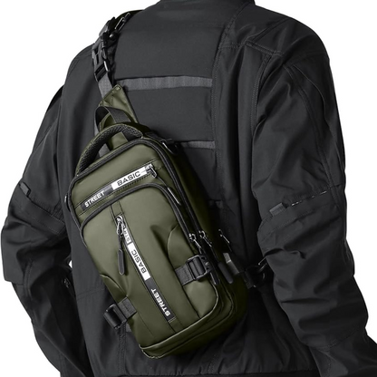 Gray UrbanLite compact crossbody sling, practical small backpack for active lifestyles.