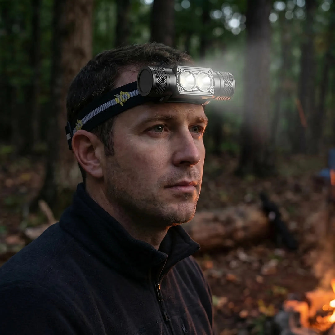 Unisex USB-C rechargeable LED headlamp for outdoor adventures, hands-free illumination for camping & hiking.