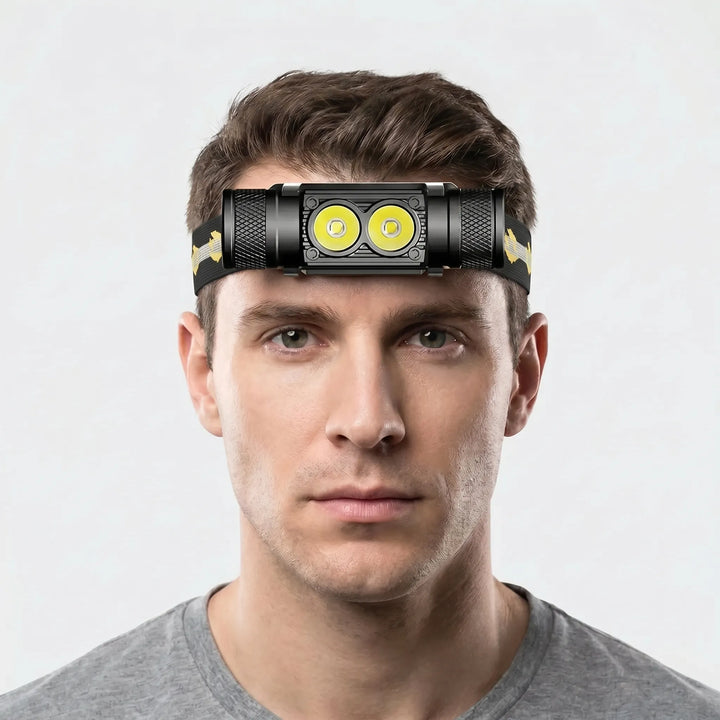 Bright LED headlamp illuminating a path, essential outdoor gear for hands-free hiking, fishing, and camping.