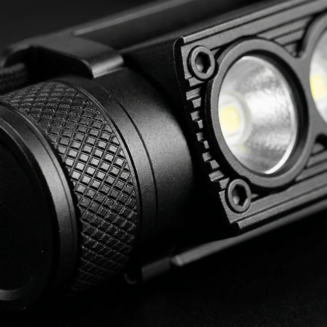Close-up of a USB-C rechargeable LED headlamp, offering powerful, hands-free light for all adventures.