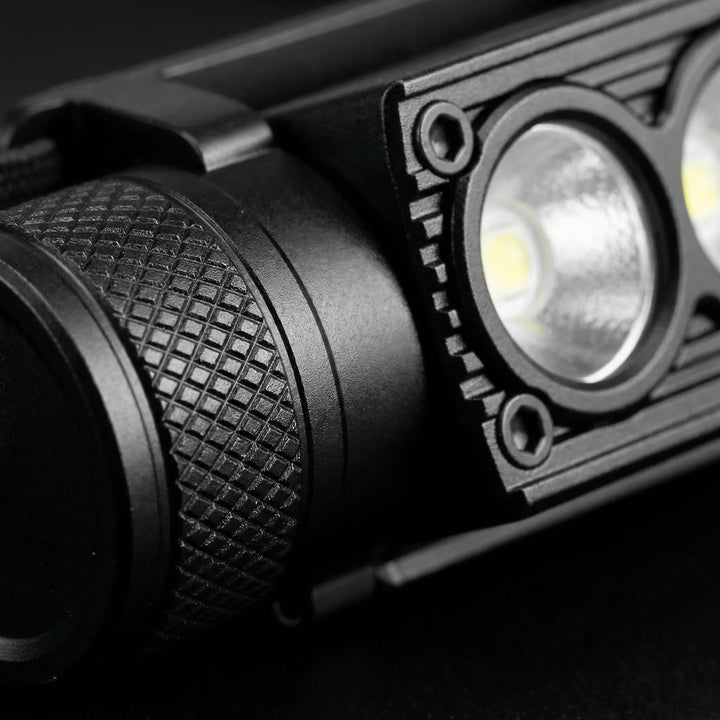 Close-up of a USB-C rechargeable LED headlamp, offering powerful, hands-free light for all adventures.