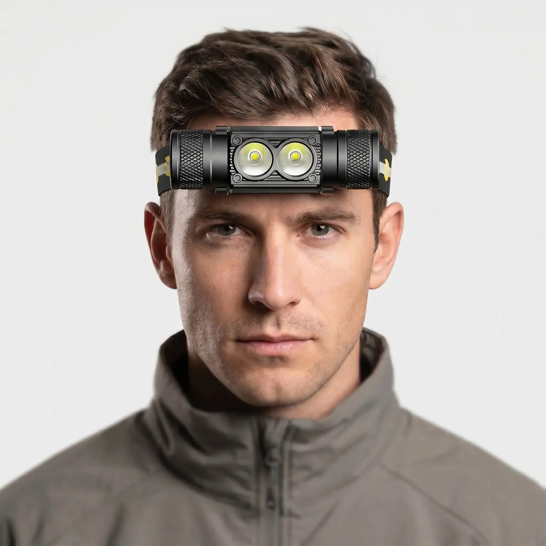Durable LED headlamp worn by a hiker, providing reliable, hands-free lighting for night outdoor activities.