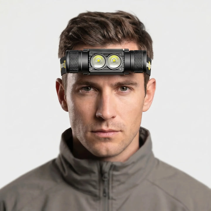 Durable LED headlamp worn by a hiker, providing reliable, hands-free lighting for night outdoor activities.