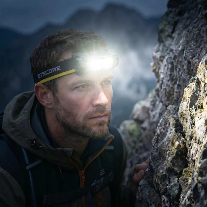 Unisex USB-C rechargeable LED headlamp, ideal for hands-free lighting during hiking, camping & work.