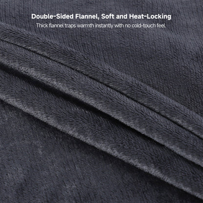 Electric USB heated throw blanket, gray flannel texture, perfect for staying warm portably.