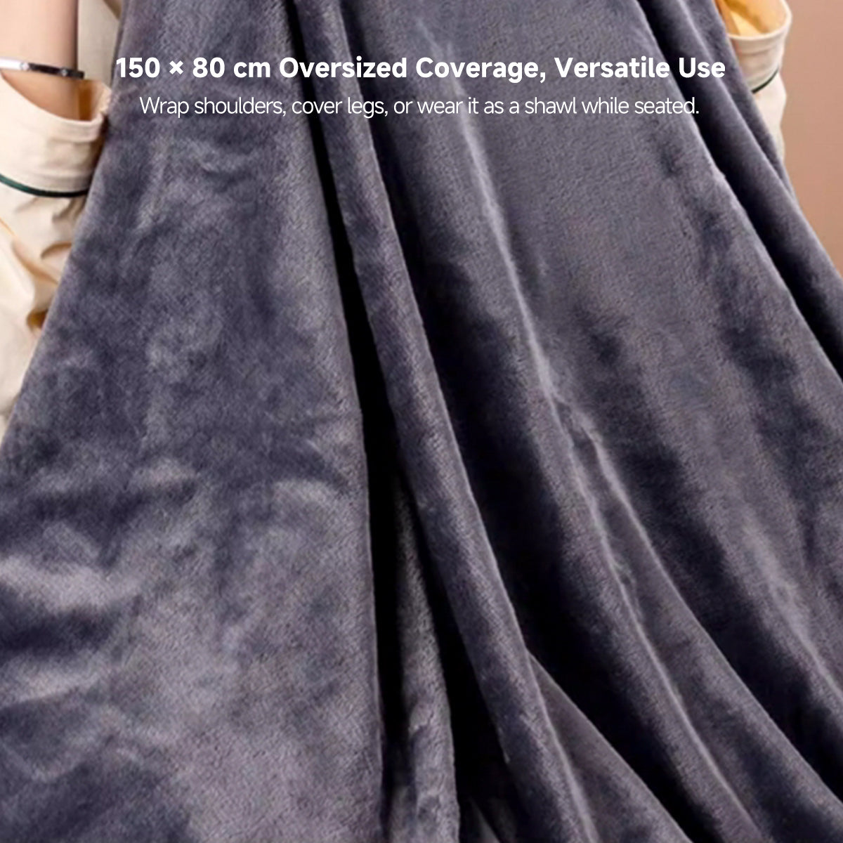 Soft flannel USB heated blanket, designed as a shawl for hands-free winter comfort.