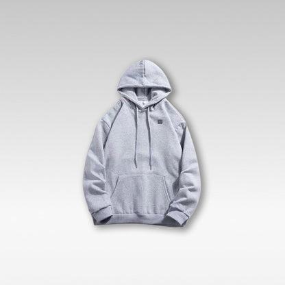 Unisex USB heated hoodie, dark gray, front view, with adjustable heat for winter warmth & outdoor gear